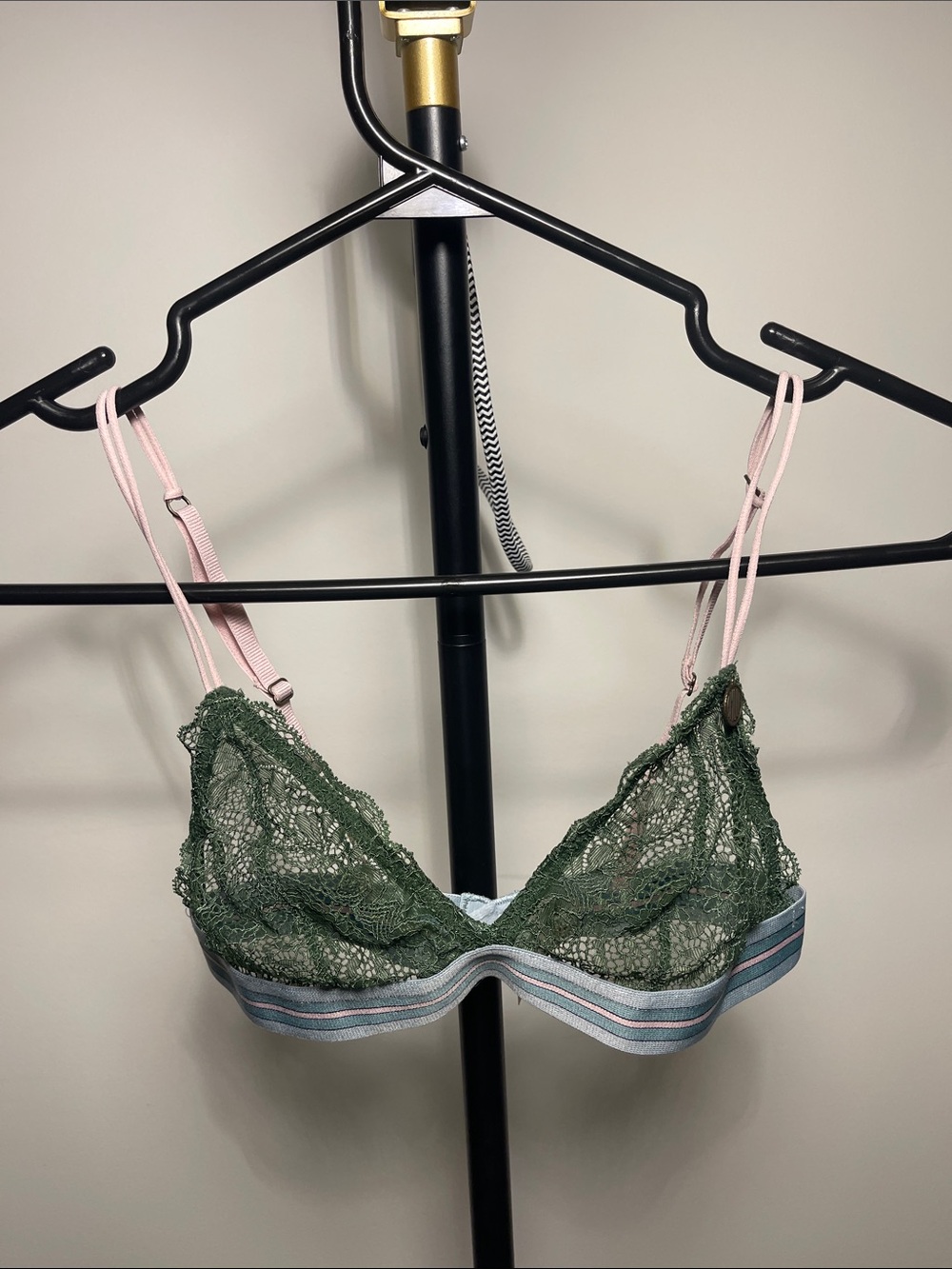 Lace Bralette with Pink Straps in Olive Green